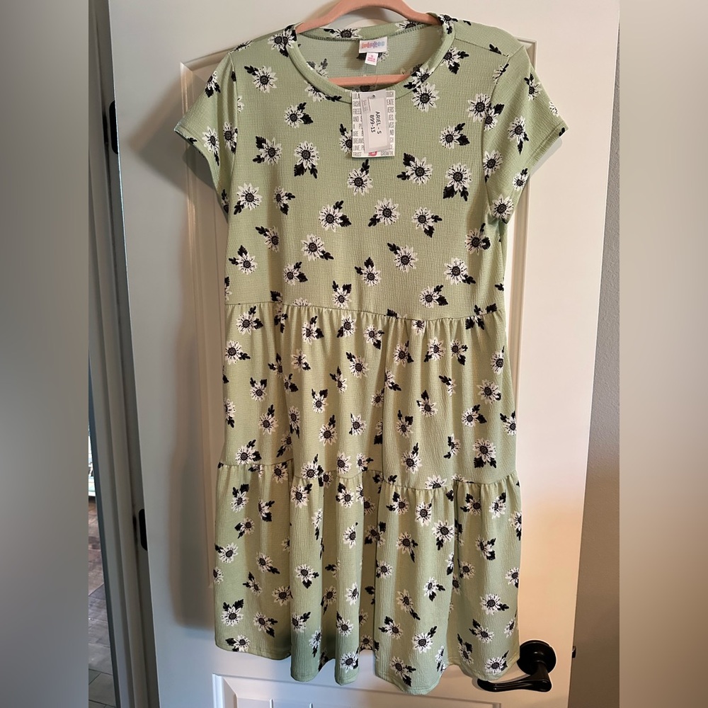 LuLaRoe Sage Green Top with Black and White Floral Design
